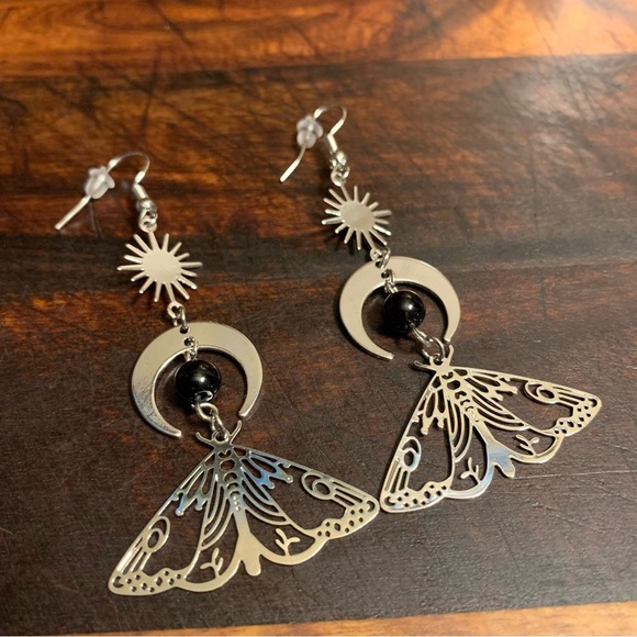 The Sun and The Moon Moth Boho Dangler Earrings - Picture 2 of 7